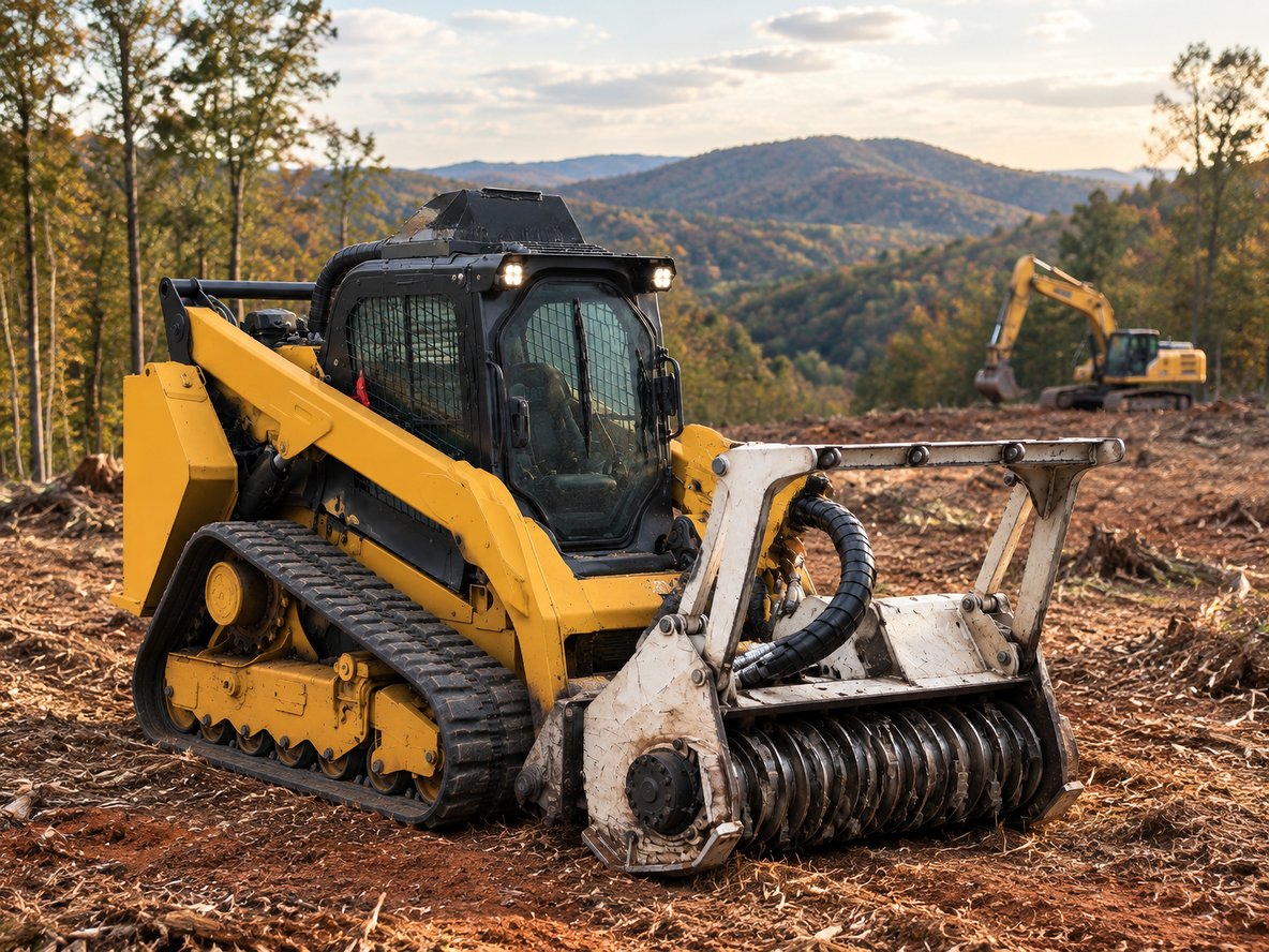 Tracked forestry mulcher and excavator working on a sloped wooded lot in Cramerton, NC