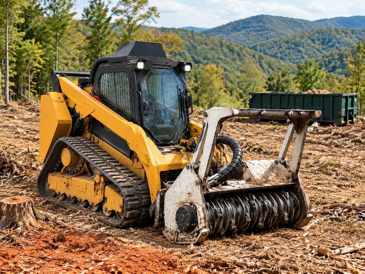 Tracked mulcher and haul-off container clearing rural acreage near Dallas, NC