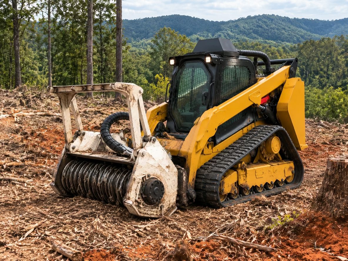 Tracked forestry mulcher parked on a freshly mulched hillside clearing